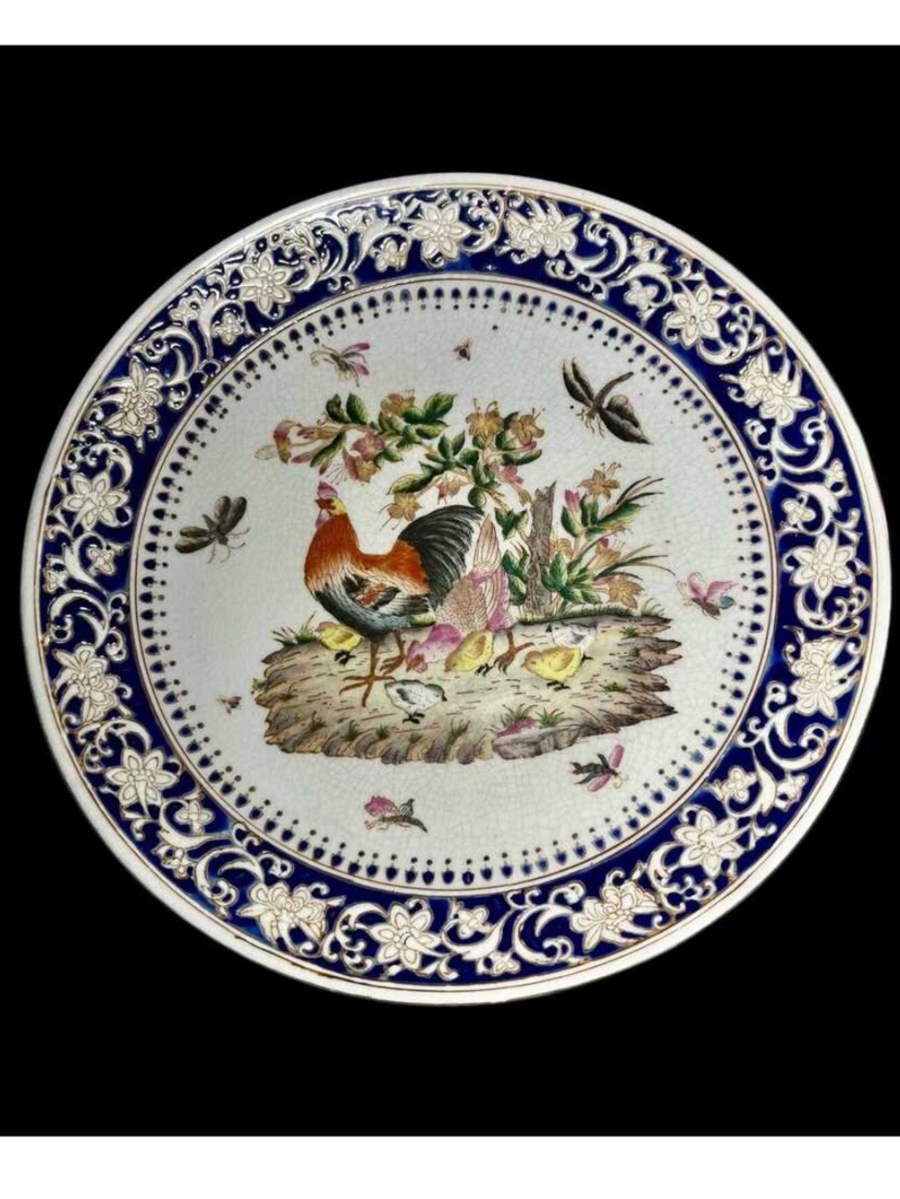 12” Hua Rong Tang Zhi Chinese Rooster Plate-Crackle Glazed Devorative Platter